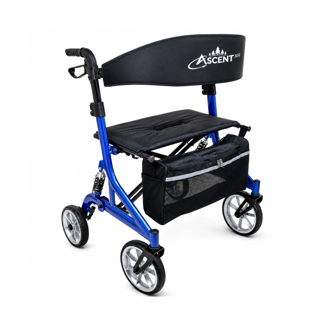 The Probasics Ascent XR™ Euro-Style Bariatric Rollator with Suspension features a blue frame, shock-absorbing suspension, padded seat, black backrest labeled Ascent XR, hand brakes, storage bag, and supports up to 450 lbs for comfort and stability.